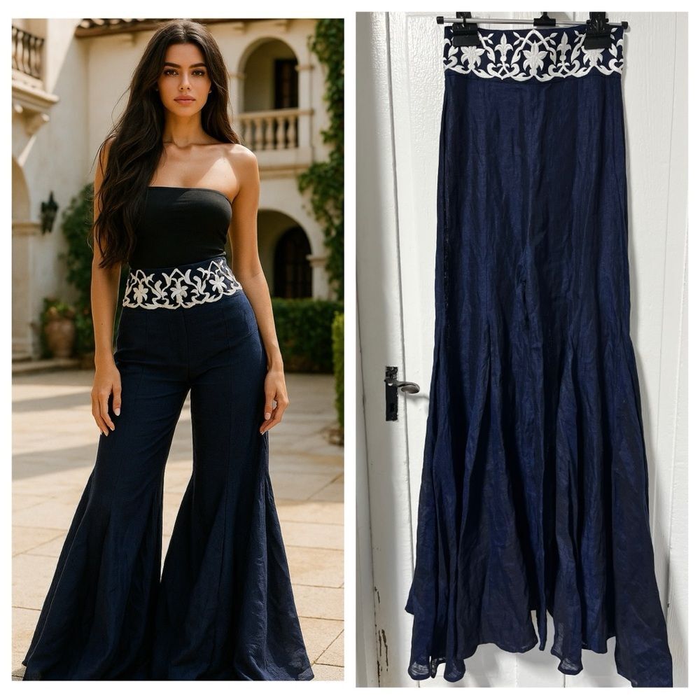 De Castro Navy Blue Mermaid Wide Leg Linen Trousers with embroidered waistband S
